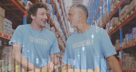 Volunteers Celebrating Teamwork in Warehouse with Data Overlay - Download Free Stock Images Pikwizard.com