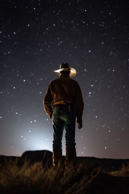 Silhouetted cowboy stands under night sky full of stars, exuding solitude and wilderness adventure. Perfect for themes of independence, rural life, stargazing, and the allure of the outdoors.