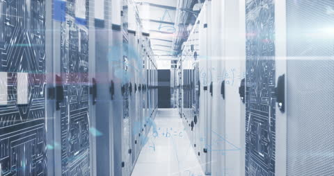 High-Tech Data Center with Overlay of Mathematical Equations