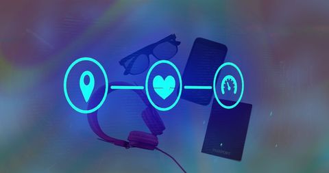 Digital icons overlaid on modern gadgets