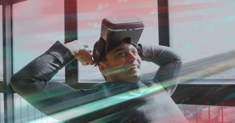 Man Wearing VR Headset with Digital Data Overlay