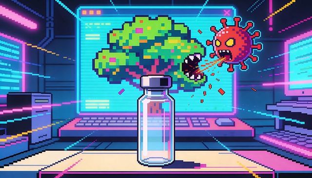 Neon pixel vial confronting virus in cyberpunk lab with retro 8-bit computer display