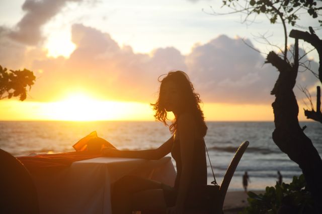 Silhouette of woman sitting by sunset on tropical beach - Download Free Stock Photos Pikwizard.com