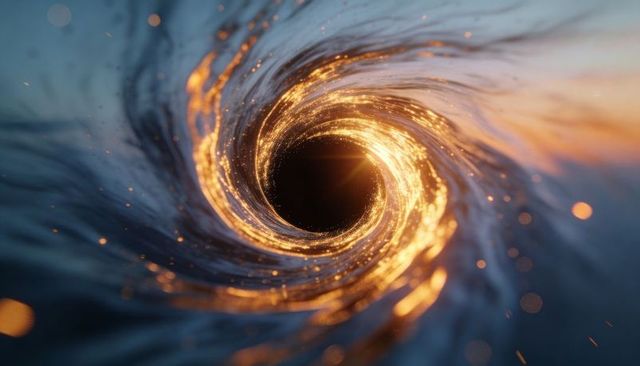 Golden vortex spiral swirling toward black core with glowing particles and bokeh