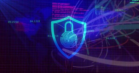 Neon Shield with Fingerprint Padlock Over Futuristic Digital Dashboard for Cybersecurity