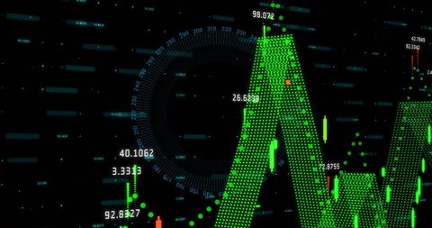Futuristic digital data processing interface with chart and grid