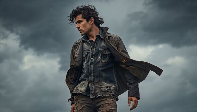Rugged man standing against stormy sky wearing leather jacket and ripped denim outfit