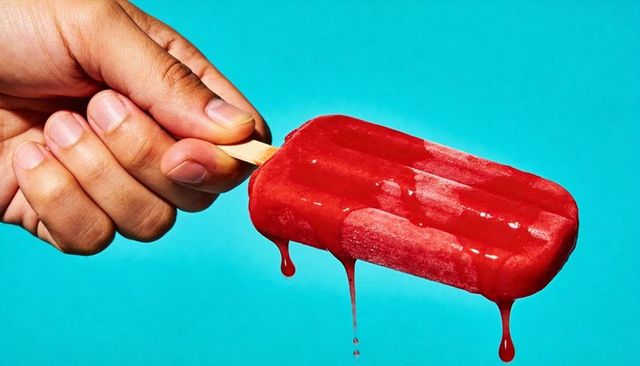 Hand holding melting red popsicle dripping glossy drops on bright turquoise backdrop