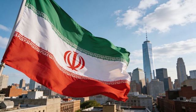 Iranian flag fluttering over new york skyline with one world trade center towering