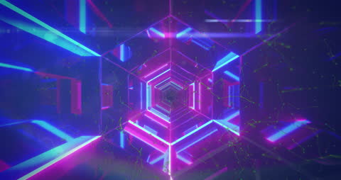 Futuristic Neon Light Tunnel and Digital Network Concept