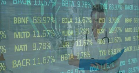 Female Doctor Analyzing Digital Medical Data Overlay