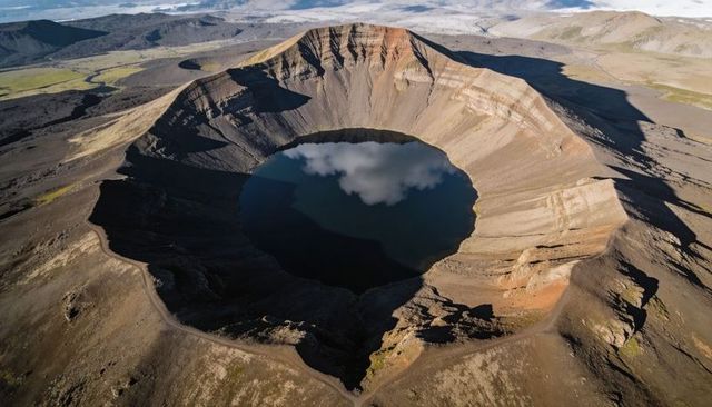 Aerial volcanic caldera with dark crater lake reflecting cloud, layered rim, lava plateau
