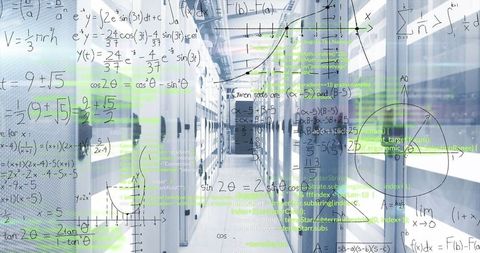 Futuristic data center with technological overlays and fluorescent lighting