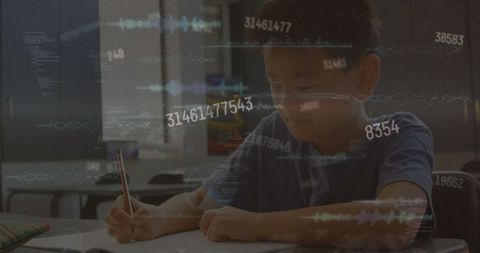 Young Student in Class Surrounded by Flowing Numbers