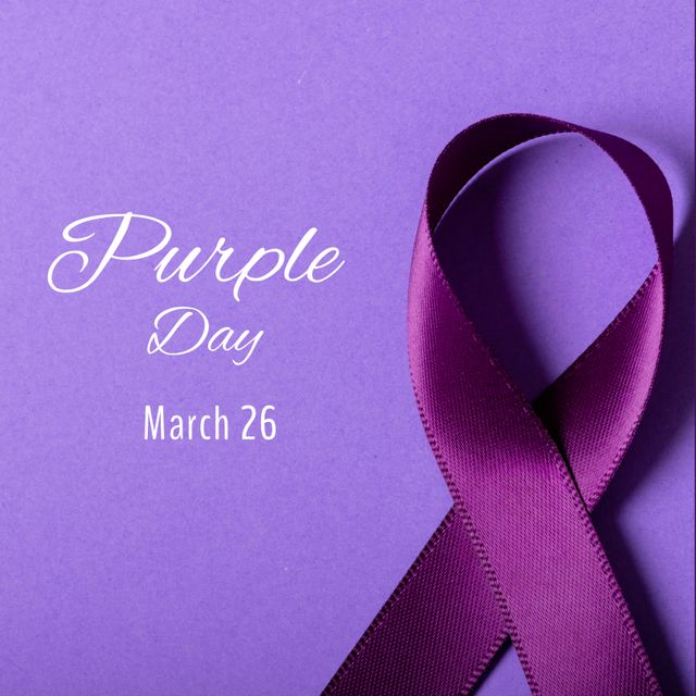 Composition of purple day text and purple ribbon on purple background. Purple day and epilepsy awareness concept digitally generated image.