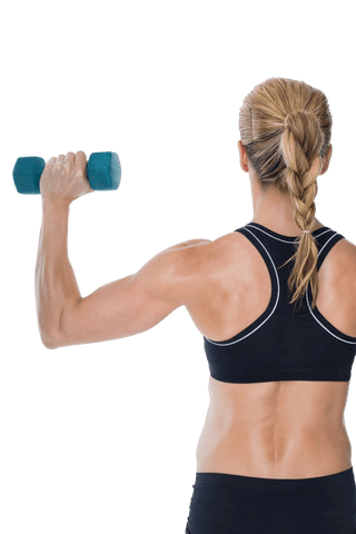 Transparent female bodybuilder holding dumbbell with braided hair