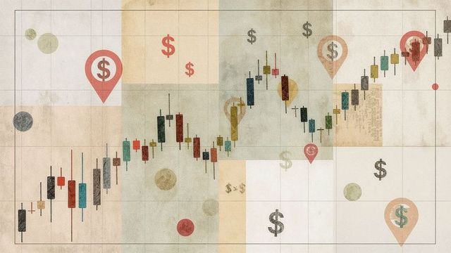 Rising Candlestick Chart with Dollar Icons on Textured Grid