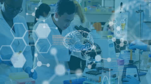 Diverse Scientists Collaborating with Digital Data Overlay in Laboratory