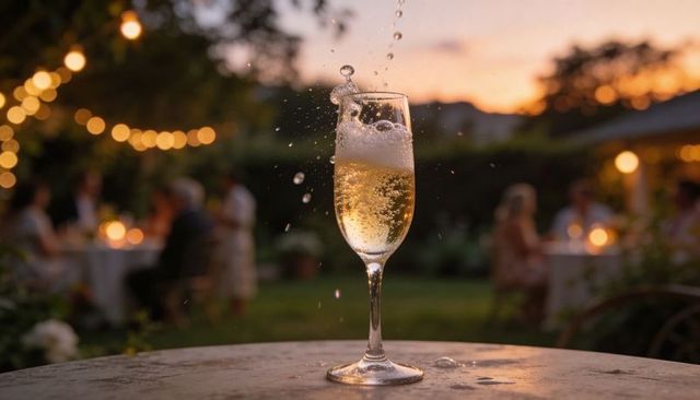 Champagne flute bubbling at sunset garden party with fizz splash and bokeh string lights