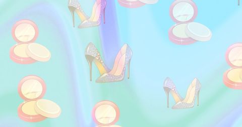Pattern of glittery high heels and makeup compacts art