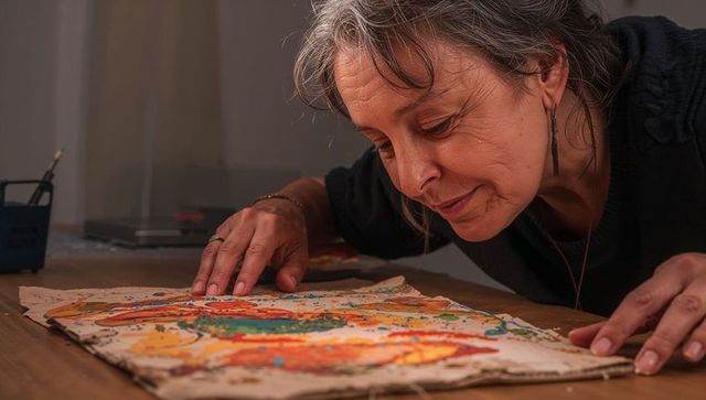 Mature woman inspecting vibrant mixed-media artwork on table, concentrating on fine details