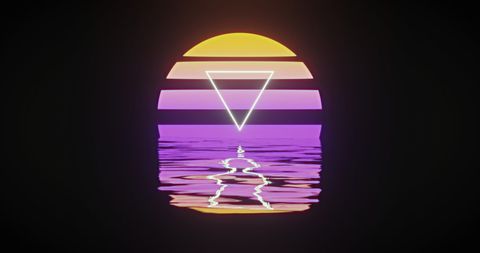 Retro vaporwave sun with geometric triangle reflection