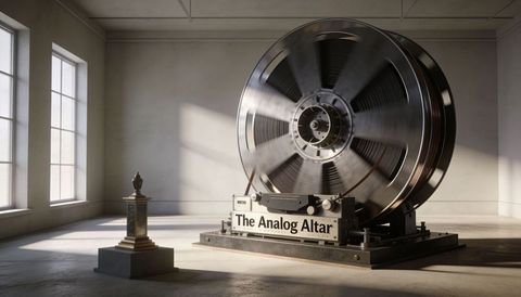 Spinning industrial film reel sculpture analog altar in minimalist gallery with natural light