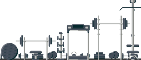 Gym equipment lineup on transparent background with cardio and weights