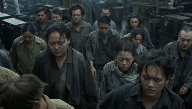 Metal workshop scene: exhausted workers moving together