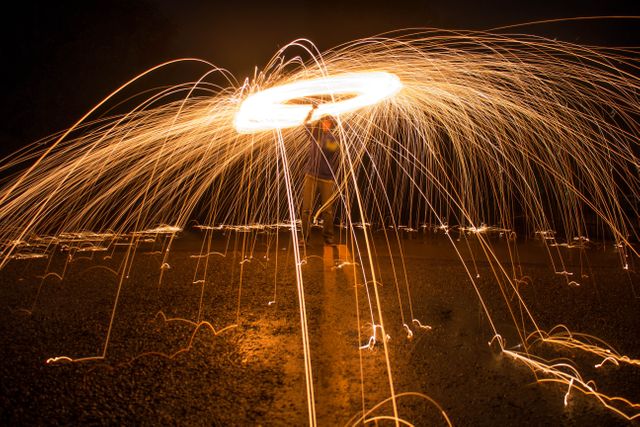 Long Exposure Steel Wool Spinning Creating Vivid Light Trails at Night - Download Free Stock Photos Pikwizard.com