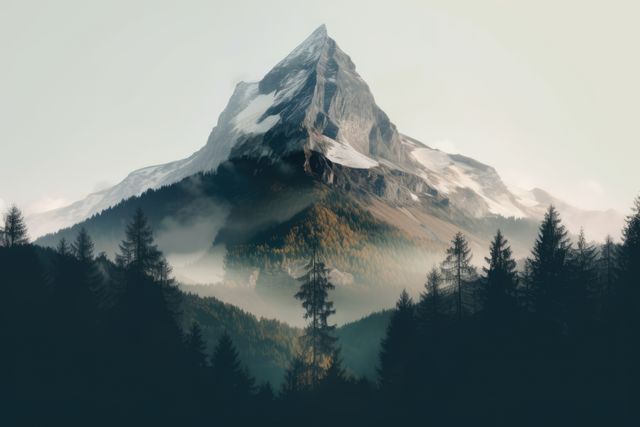 Image depicting majestic snow-capped mountain peak rising above a misty forest with tall trees, creating a tranquil and dramatic natural landscape. Ideal for use in travel brochures, nature blogs, wallpaper backgrounds, and storytelling about wilderness adventures.