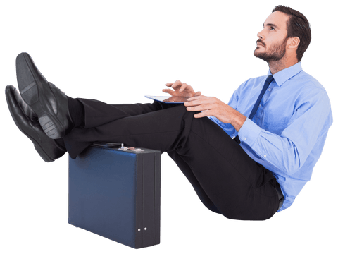transparent businessman relaxing with tablet on briefcase - Download Free Stock Videos Pikwizard.com