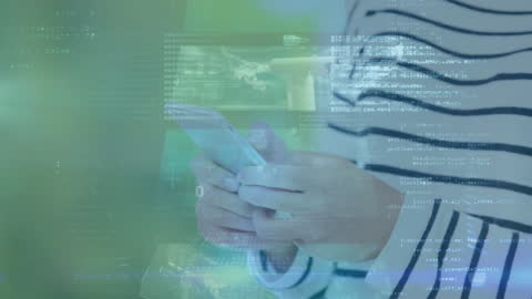 Caucasian Woman Using Smartphone with Abstract Data Overlay