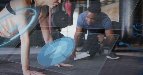 Female athlete performing plank with augmented reality coach overlay in gym training