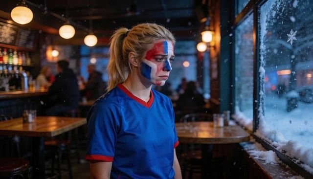 Despondent sports fan with red and blue face paint standing by snowy pub window at night