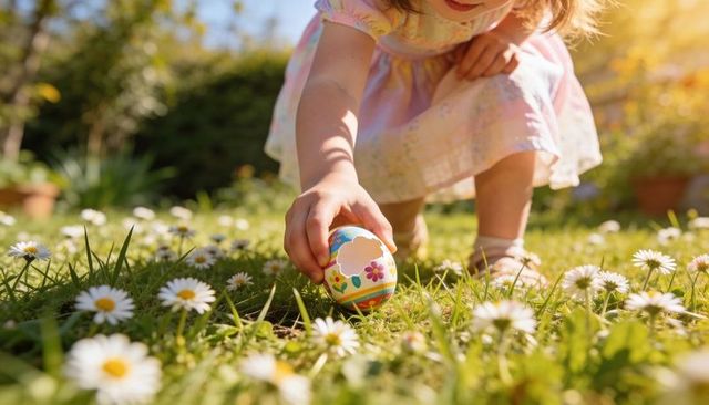 Toddler reaching for hand-painted easter egg among daisies in sunlit backyard