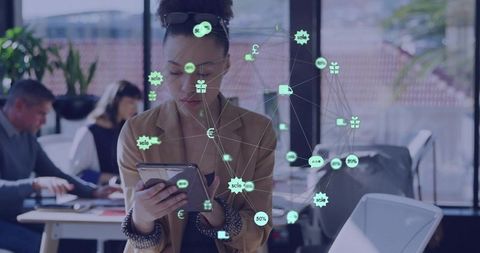 Businesswoman holding tablet tapping while reviewing orders with fintech holographic network