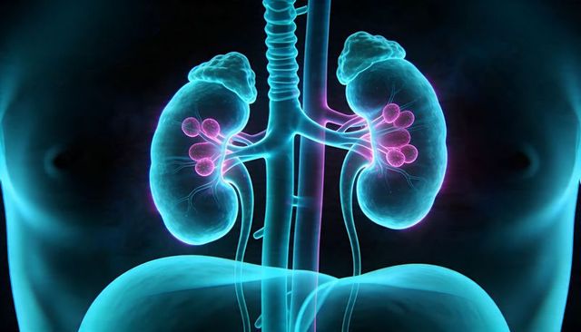 Glowing neon kidneys highlighting renal calyces, pelvis and ureters anatomy overlay