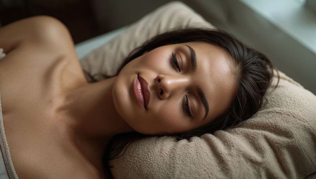 Serene woman resting on soft pillow with towel wrap, closeup beauty and relaxation spa