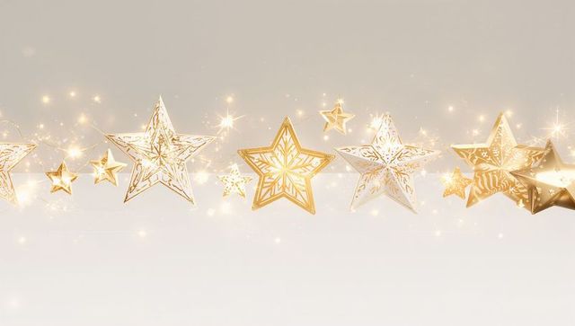 Glowing gold and white star garland floating over soft beige glitter backdrop, festive