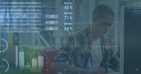 Focused business professional analyzing market data on multiple screens
