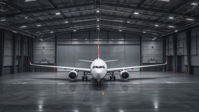 Commercial airline jet in aircraft hangar spacious dunnage secure