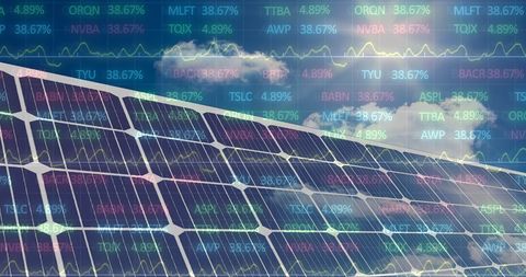 Solar Panels with Stock Market Data and Sky Reflection