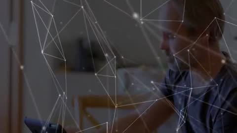 Futuristic Man Interacting with Digital Network Interface on Tablet