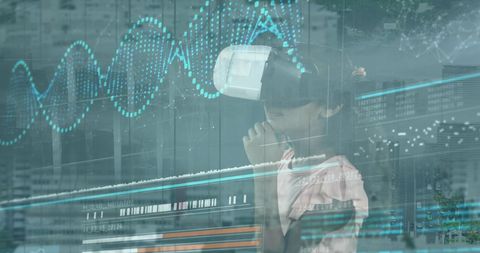 Caucasian Girl Engaged with VR Technology and Digital Data Overlay - Download Free Stock Images Pikwizard.com