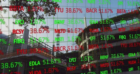Financial Data Overlay on Construction Site Reflecting Global Market Trends - Download Free Stock Images Pikwizard.com