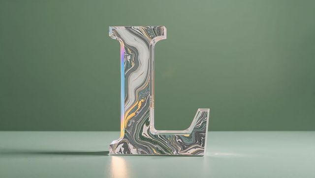 Artistic marbled l monogram object on soft green surface