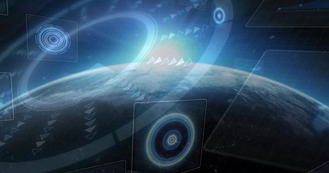 Scanning Earth Hemisphere from Low Orbit with Futuristic HUD and Concentric Reticles