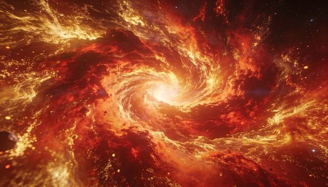 Swirling fiery nebula vortex with luminous core, glowing debris and radiant gas streams