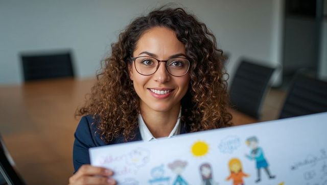 Smiling professional holding cartoon poster in meeting room